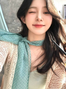 蜗牛爬爬家薄荷绿波点丝巾女2025新款高级感长条飘带颈饰丝巾系脖