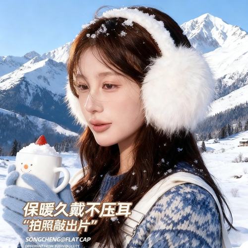 白色耳罩女冬季可爱毛绒茸耳套防冻耳包保暖东北骑车防寒护耳捂子 - 图0