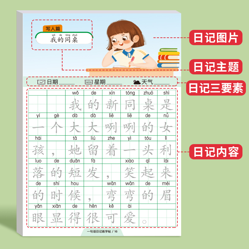 一句话日记练字帖看图写话一二年级上下册写字描红本小学生专用