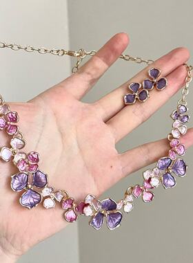 紫色花朵珐琅彩项链高级感轻奢小众独特气质新中式重工中古锁骨链