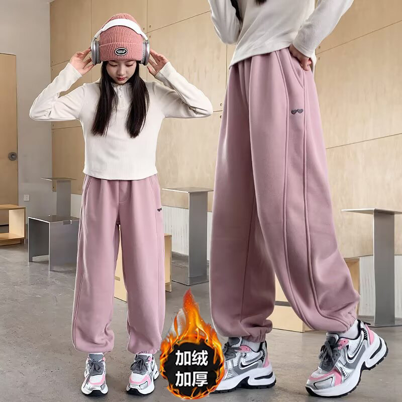 女童加绒裤子卫裤秋冬款2025新款儿童女孩一体黑色大童秋季运动裤,淘宝优惠券,粉丝福利购,淘宝优惠卷