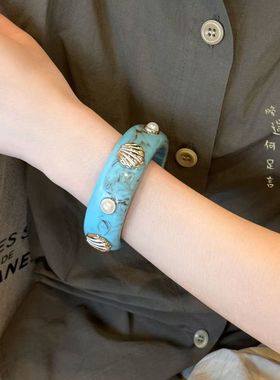 中古vintage海边度假风贝壳手镯女小众设计感手环学生党手饰琥珀