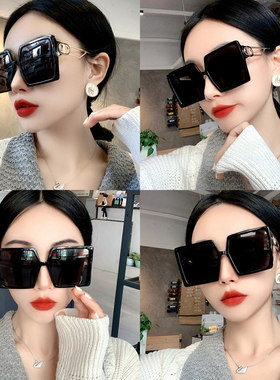 欧美超大框黑色墨镜女大脸网红方形厚框太阳镜摩登街拍凹造型眼镜