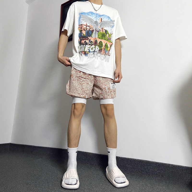 新款美式涂鸦复古短裤夏季不过膝运动休闲速干透气四分篮球裤潮牌 - 图0