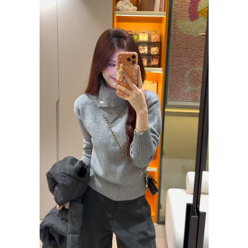 法式不规则灰色高领套头毛衣女秋冬加厚大码内搭翻领针织衫上衣,淘宝优惠券,粉丝福利购,淘宝优惠卷