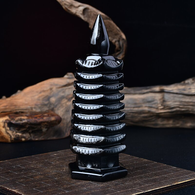 天然黑曜石文昌塔摆件7层9层13层送送客厅桌面奇石送礼品黑色九层 - 图2