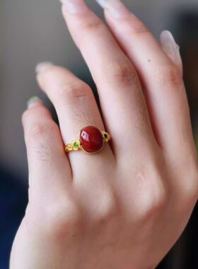 古法金色祥云红色蛋面戒指女新中式国风贵气指环小众精致玉石饰戒