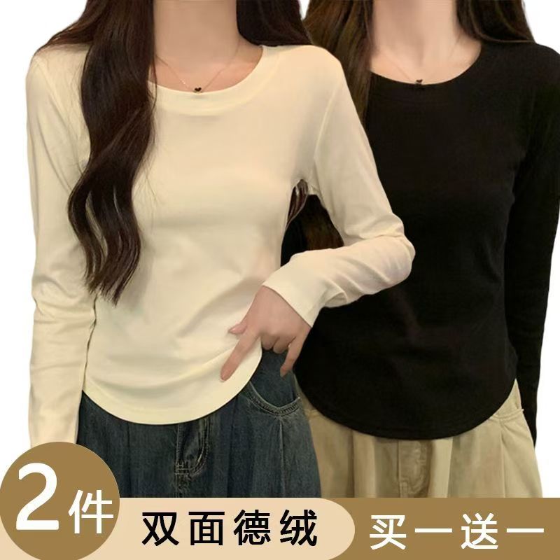 秋冬新款德绒打底衫女内搭大码保暖百搭修身正肩圆领长袖t恤上衣B - 图3