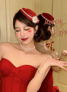 JUNWEI闪钻银色雪花小礼帽发夹女圣诞节cos头饰短发长发红色法式