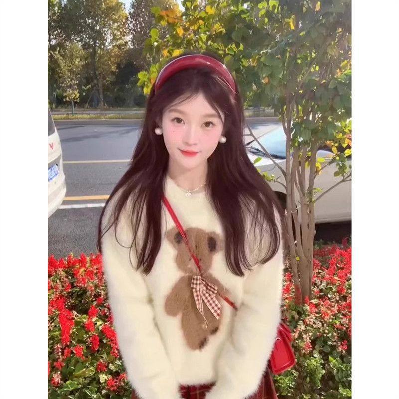 甜美马海毛小熊圆领毛衣女小个子套头加厚大码内搭针织衫秋冬上衣,淘宝优惠券,粉丝福利购,淘宝优惠卷