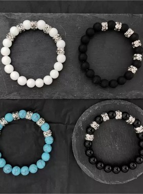 伢克迪/ 街拍手链时尚百搭潮款十字天然黑石头男女串手链情侣学生