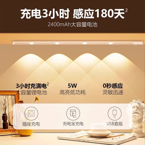 人体感应小山丘LED橱柜灯带充电式磁吸无线自粘客厅酒柜鞋柜灯条 - 图1
