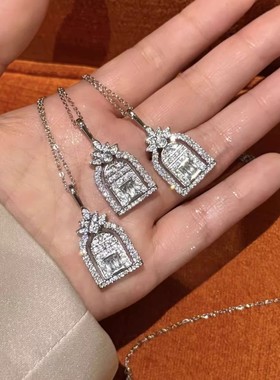 高质量HW四叶草镶钻项链女满钻花朵幸福之门吊坠水滴钻花型锁骨链