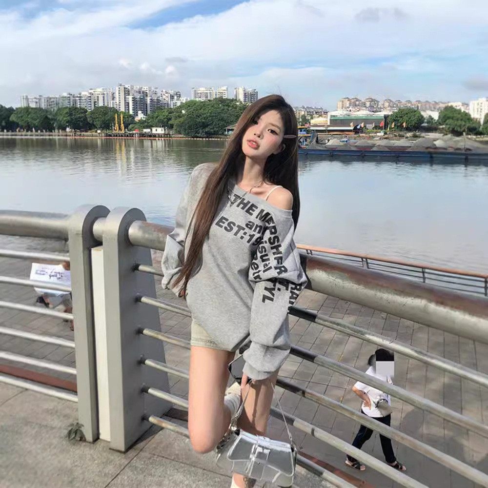 早秋美式辣妹字母长袖卫衣女套头T恤大码春季宽松休闲斜肩上衣潮,淘宝优惠券,粉丝福利购,淘宝优惠卷