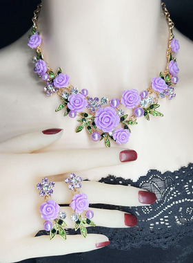 环保满钻山茶花项链手链耳环套装宫廷轻奢礼服小众珍珠锁骨链配饰