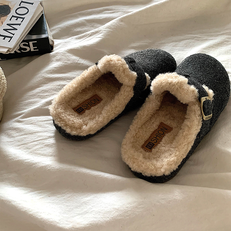 ~加绒勃肯半拖鞋女外穿ins毛茸茸一脚蹬保暖棉拖鞋灰色毛绒平底 - 图1