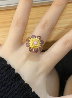 中古vintage镶嵌锆石金色戒指