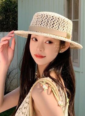 老钱镂空编织平顶帽子女款夏季法式时尚海边沙滩太阳帽遮阳帽草帽