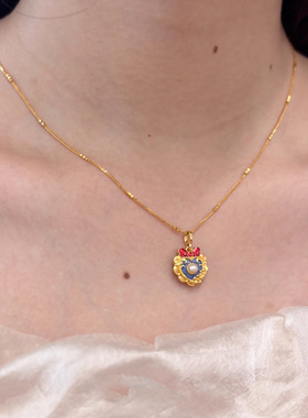 甜美公主滴油珍珠爱心蝴蝶结吊坠项链精致时尚可爱项饰