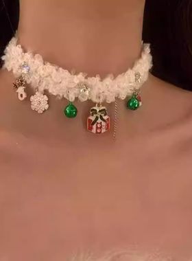 圣诞节秋冬毛绒choker项圈颈链高级麋鹿雪花铃铛礼物吊坠项链女