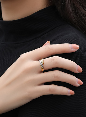 跨境戒指女轻奢高级感S925纯银小众不规则水波纹分色组合指环