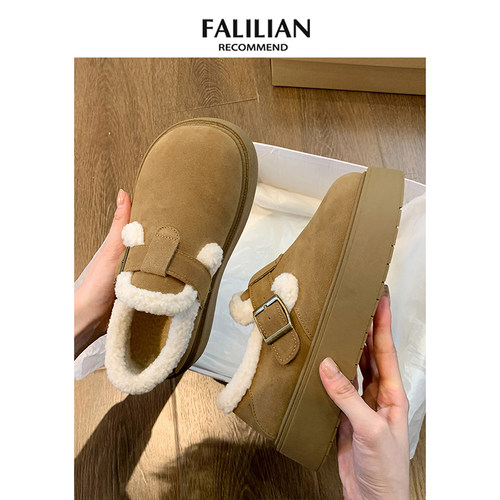 厚底加绒豆豆勃肯鞋女2025新款秋冬季乐福鞋博肯棉鞋子保暖雪地靴 - 图1