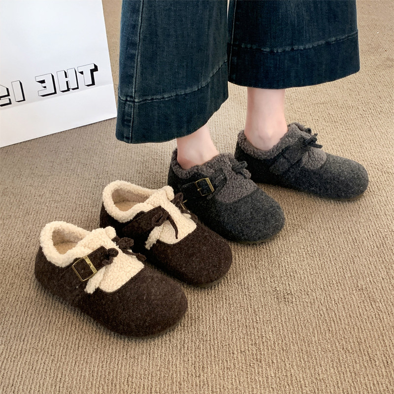 爆款勃肯鞋女2025秋冬季新款内增高加绒豆豆鞋毛毛棉鞋子灰色毛绒 - 图3