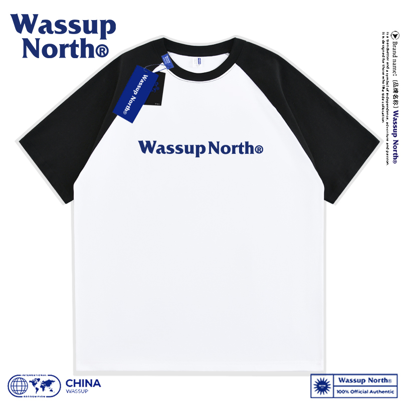 wassupnorth重磅纯棉短袖t恤女潮牌宽松圆领拼接插肩袖线上早春 - 图1