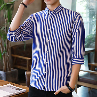 劲贵条纹衬衫男夏季七分袖衬衣修身百搭寸衫潮流休闲中短袖衣服
