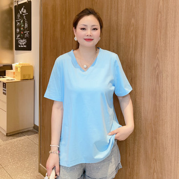 Tianmi Extra Large Size Women's 2023 Summer Clothes Fat mm 280 Jin Fashionable and Versatile Mid-Length V-Neck Loose T-Shirt DF