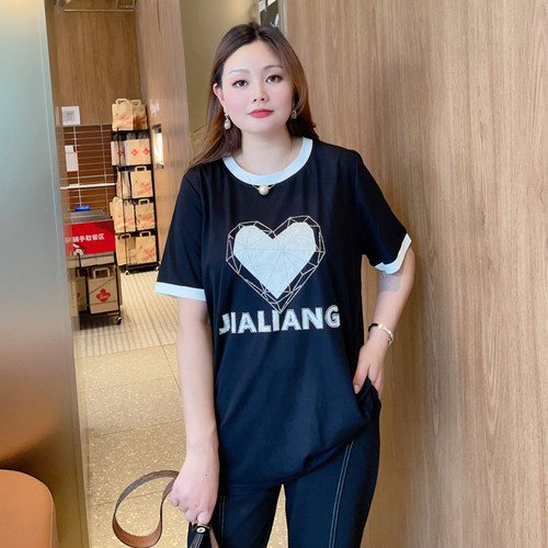 甜觅特大码女装2023夏装胖mm320斤时尚洋气爱心烫钻宽松T恤DF - 图3