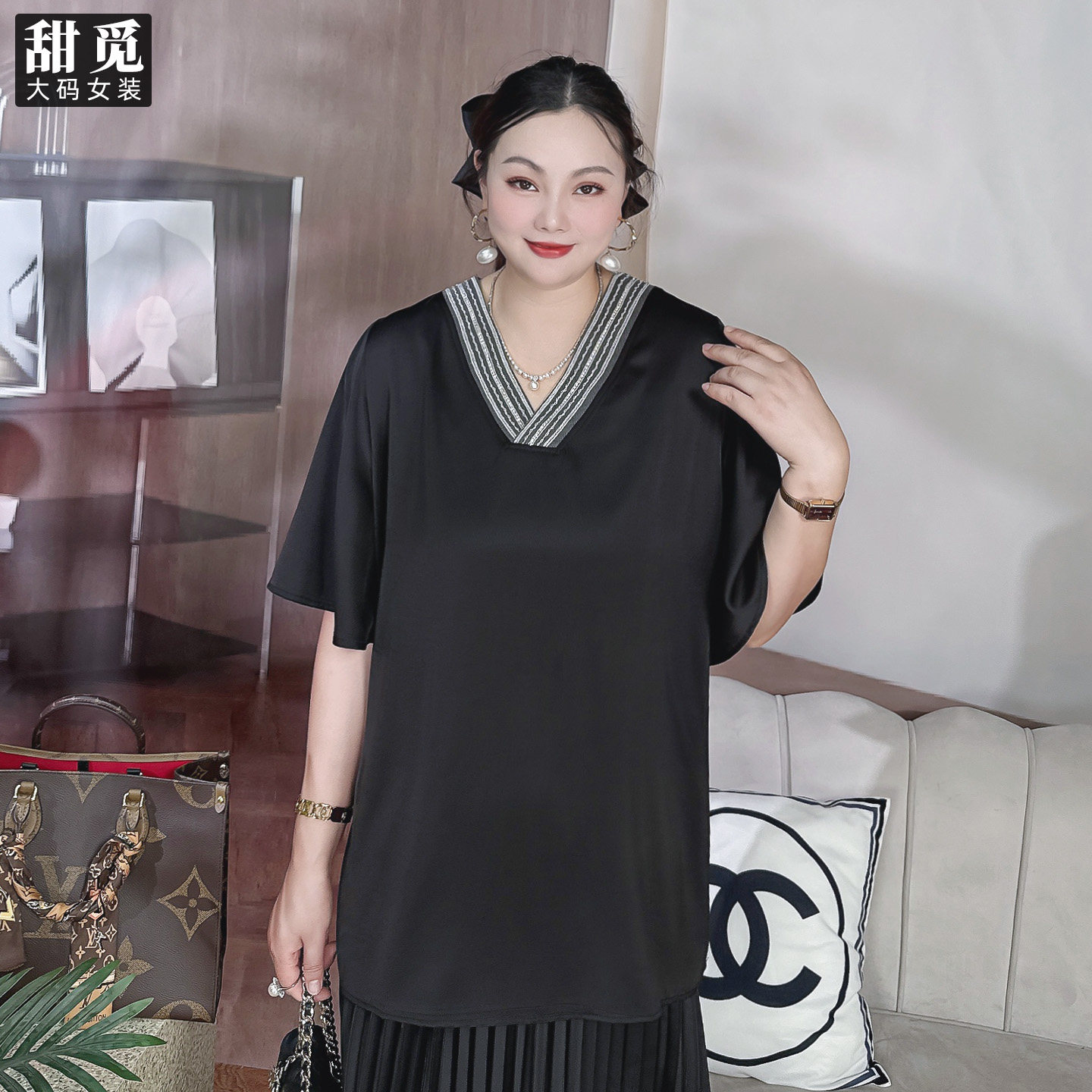 甜觅特大码女装2025夏季胖mm300斤重工钉钻钉珠中长款V领雪纺衫DF,淘宝优惠券,粉丝福利购,淘宝优惠卷