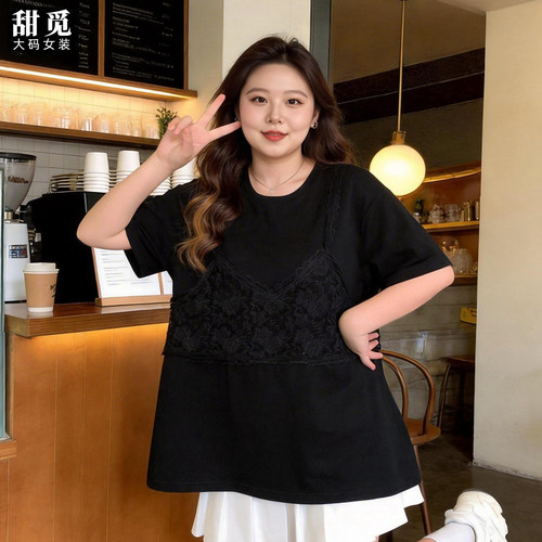 甜觅特大码女装夏装胖mm300斤胖妹妹假两件显瘦蕾丝马甲+短袖T恤 - 图1
