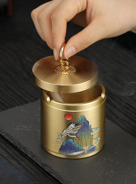 黄铜彩绘带盖烟灰缸家用客厅摆件
