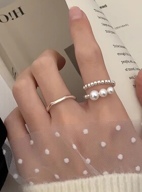 甜美珍珠戒指女几何多层线条缠绕S925镀银开口指环网红个性食指戒
