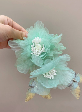 牡丹汉服绢花配饰发夹手工古风发饰仙气侧边绿色花朵烫花头饰古装