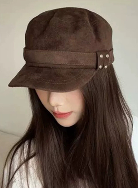 麂皮绒平顶马术帽女秋冬显脸小