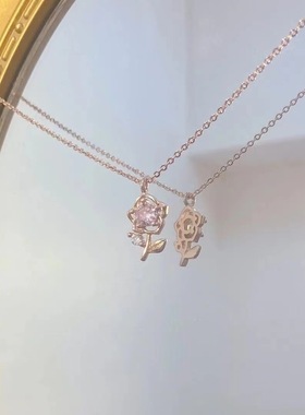 法式温柔玫瑰花粉钻项链甜美女