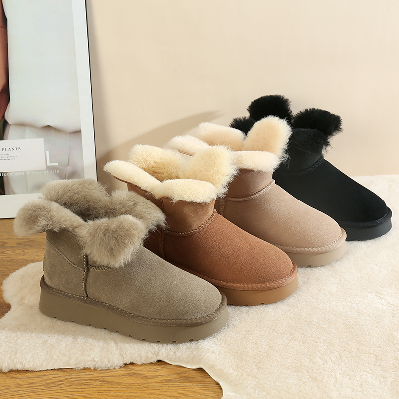 冬季新款四叶草雪地靴女可爱短筒羊皮毛一体短靴真皮羊毛厚底棉鞋
