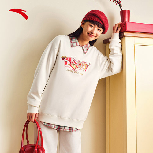 安踏好事发生丨新年红色套头卫衣男女加绒休闲印花上衣马年本命年 - 图1