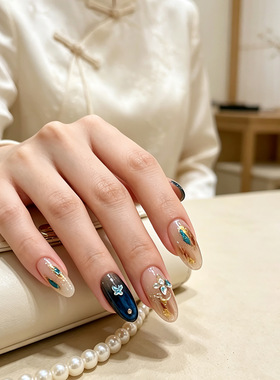 蓝金复古晕染油画风美甲贴纸