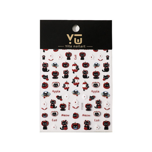 红苹果小黑猫浮雕美甲贴纸甜酷ins风卡通可爱手绘黑猫猫爪苹果 - 图3