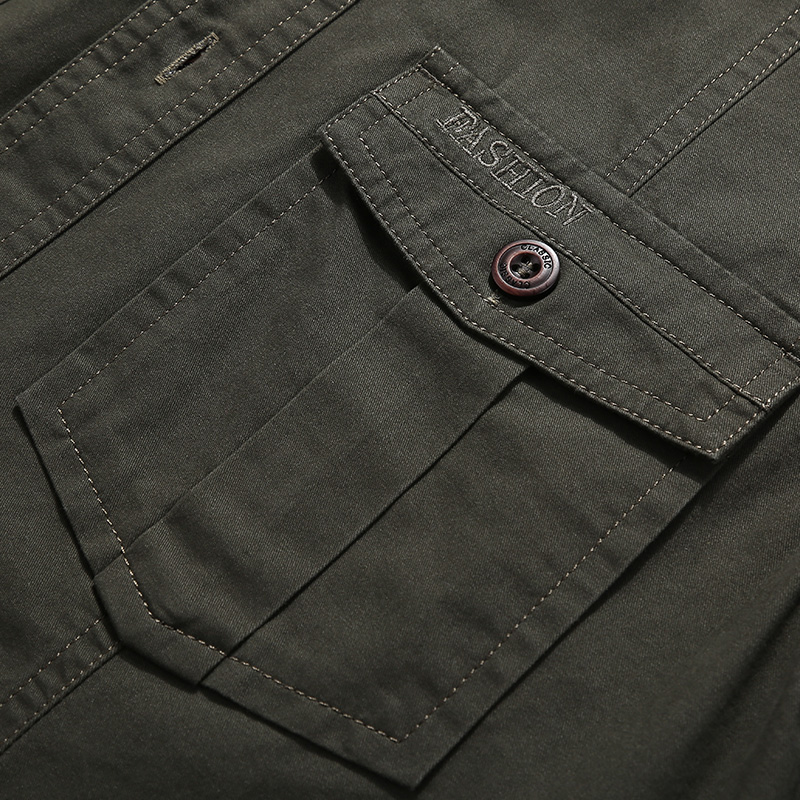 秋季男装长袖衬衫纯棉大码宽松纯色衬衣青年休闲工装户外军装衬衫 - 图1