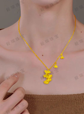 金包银轻奢银杏叶吊坠项链女气质流苏黄金高级感精致锁骨链