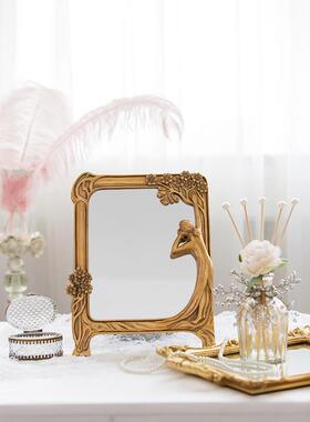 欧式树脂复古侍女化妆镜梳妆台镜桌面摆台创意镜子摆件树脂工艺品