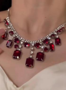 2026红色水滴锆石项链女复古夸张奢华锁骨链小众高级感颈链潮