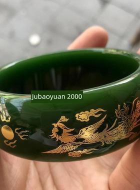 2026彷和田玉手镯碧玉鎏金龙凤玉镯子菠菜绿描金手镯雕花女款玉石