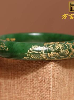 2026方言精品和田玉大漏俄料珍稀菠菜绿碧玉描金花开富贵玉手镯百