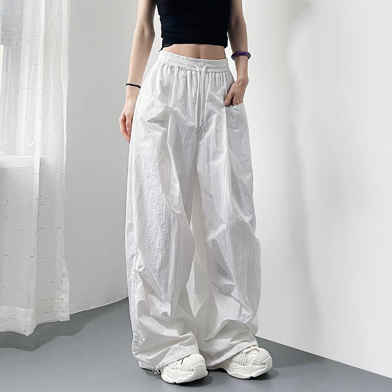 大码白色不透冰丝休闲阔腿裤女夏日松弛感胖mm蕾丝花边口袋工装裤,淘宝优惠券,粉丝福利购,淘宝优惠卷