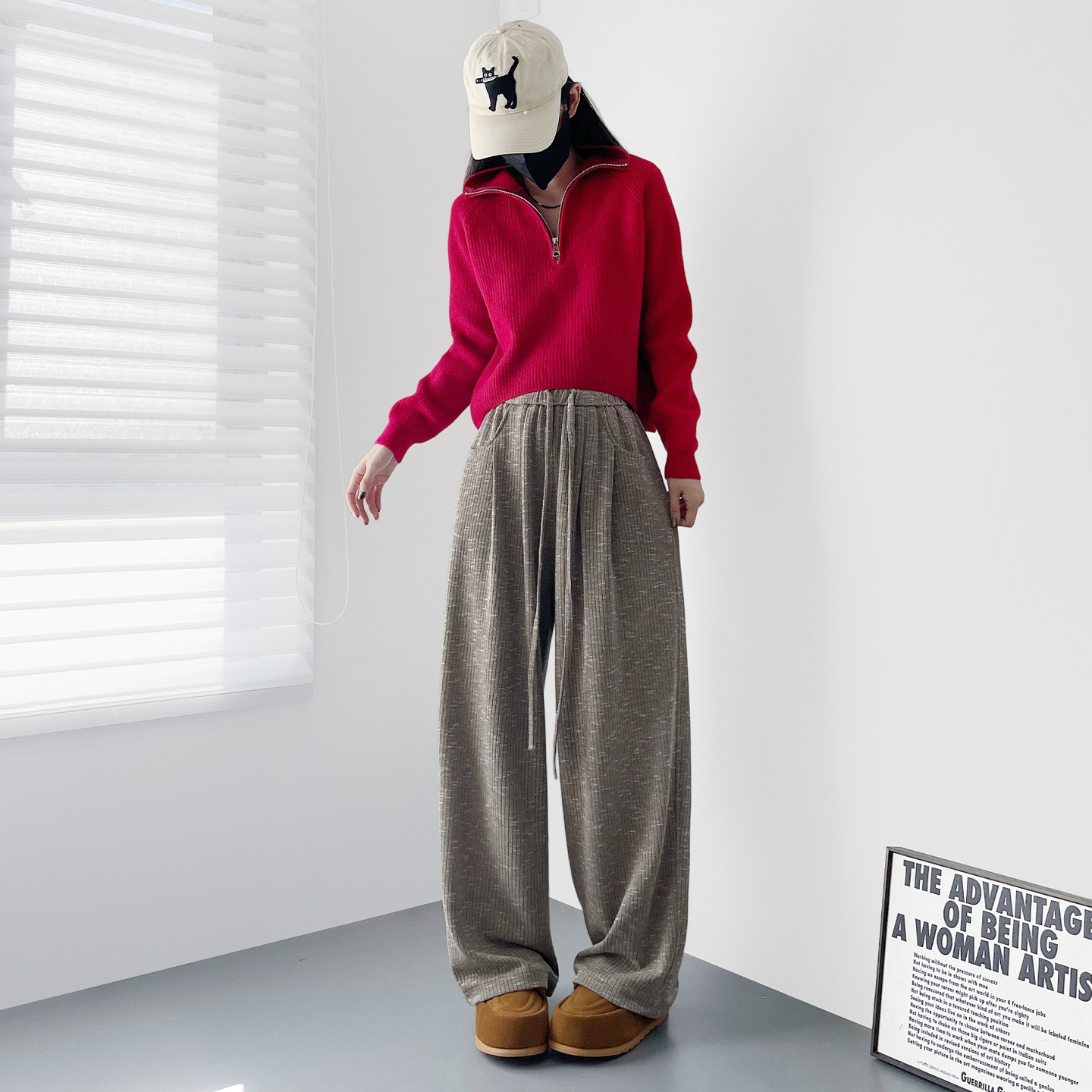 高腰慵懒风编织设计感阔腿裤女冬季新款大码胖mm显瘦藏肉休闲裤子,淘宝优惠券,粉丝福利购,淘宝优惠卷